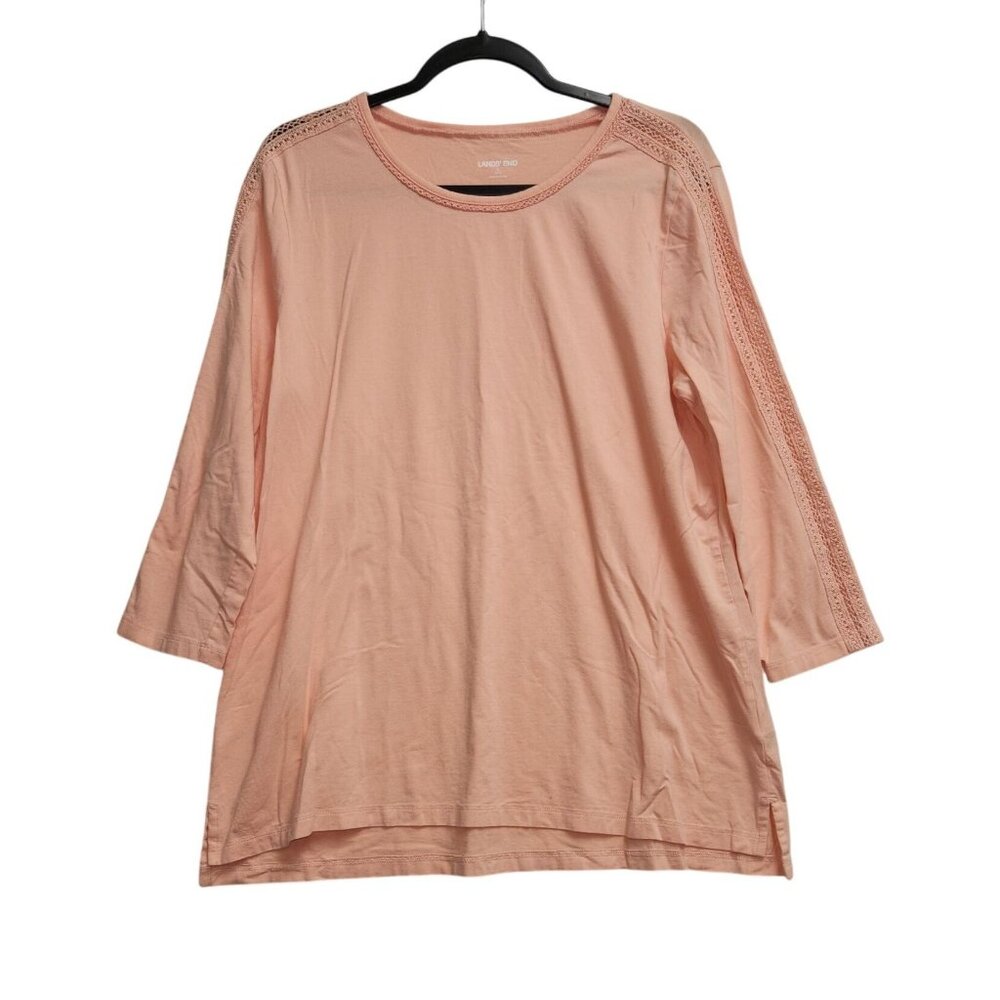 Lands End Womens Light Pink Crochet Sleeve Tunic Top L 2380